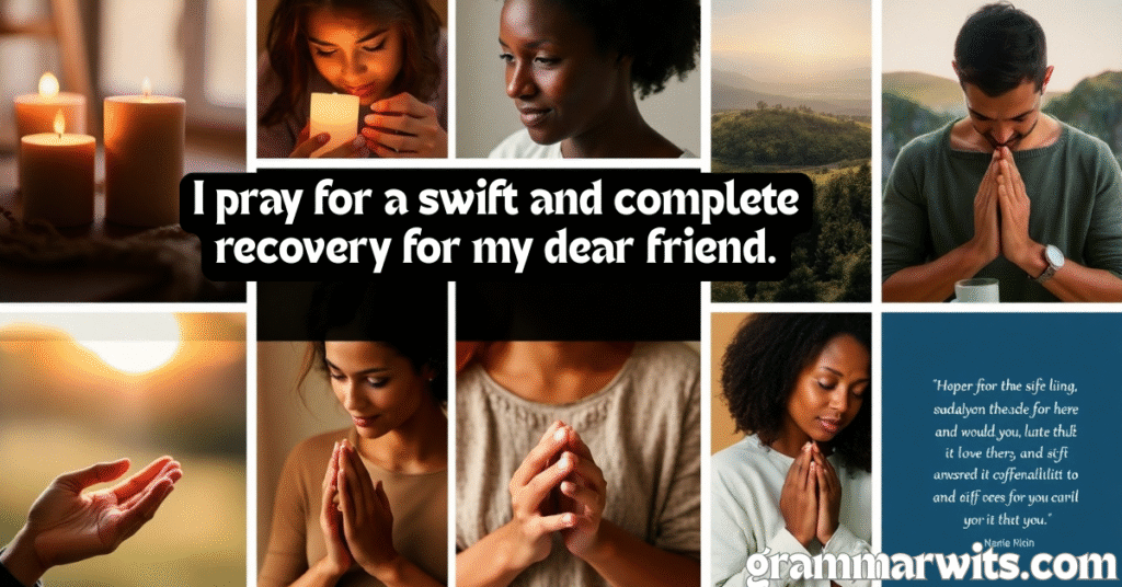 A collage of multiple smaller images. These include hands holding a lit candle, a person with their head bowed in prayer, hands clasped in prayer from various angles and skin tones, and a scenic landscape. In the center, large text reads "I pray for a swift and complete recovery for my dear friend." The bottom right corner has "grammarwits.com" and a small quote.
Short prayer for healing and recovery for someone