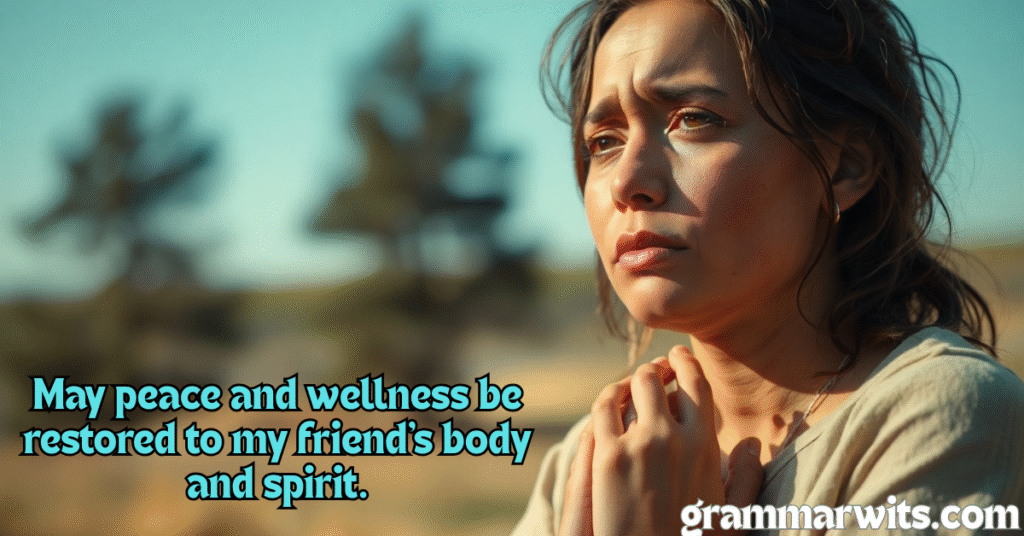 A woman with brown hair looks up with a worried or prayerful expression, her hand touching her collarbone. The background is blurred green and blue, suggesting an outdoor setting. Overlaying the image are the words "May peace and wellness be restored to my friend's body and spirit." The bottom right corner has "grammarwits.com."
Prayer for healing and strength,
