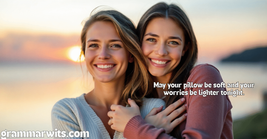 Two smiling young women friends embracing outdoors during golden hour by a body of water. One woman has blonde hair and wears a light blue sweater, while the other has dark brown hair and wears a pink/mauve colored top. The sunset creates a warm glow behind them with mountains or hills visible in the distance. Text overlay reads "May your pillow be soft and your worries be lighter tonight."
