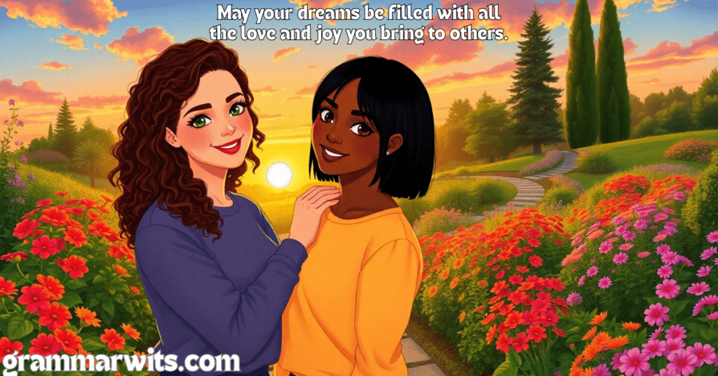 Two young women friends embracing in a beautiful flower garden at sunset. One woman has curly brown hair and wears a purple sweater, while the other has straight black hair and wears a yellow top. They're surrounded by colorful flowers including red, pink, and orange blooms, with trees and a golden sunset sky in the background. Text overlay reads "May your dreams be filled with all the love and joy you bring to others."